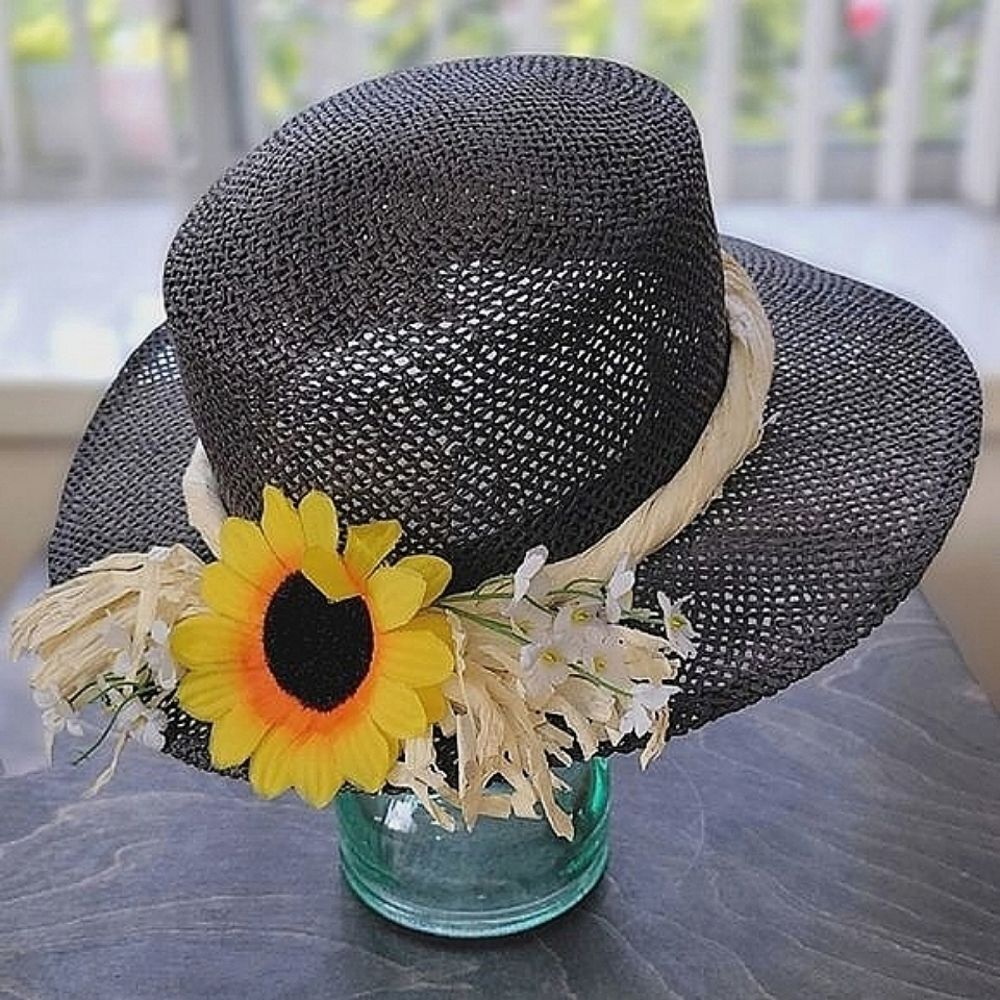 Vtg rafia sunflower band black straw sun hat